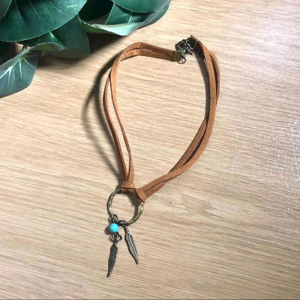 Vegan Leather Turquoise Feather Charm Choker - Picture 5 of 6